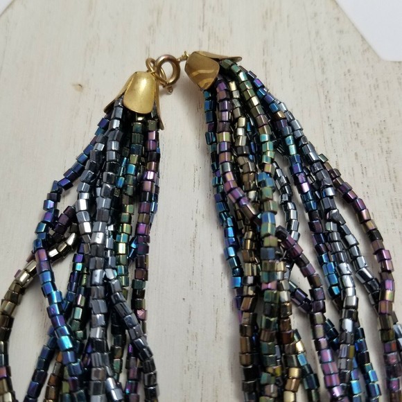 16" Multi Strand Seed Bead Statement Choker Necklace Black Iridescent - Picture 7 of 9